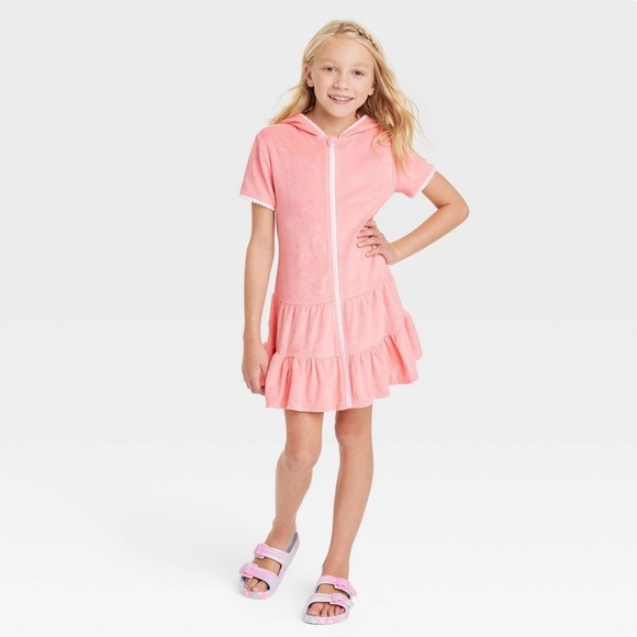 NWT Hooded Terry Zip Swimsuit Cover Up Dress - Cat & Jack Coral Pink L 927 - Picture 1 of 6